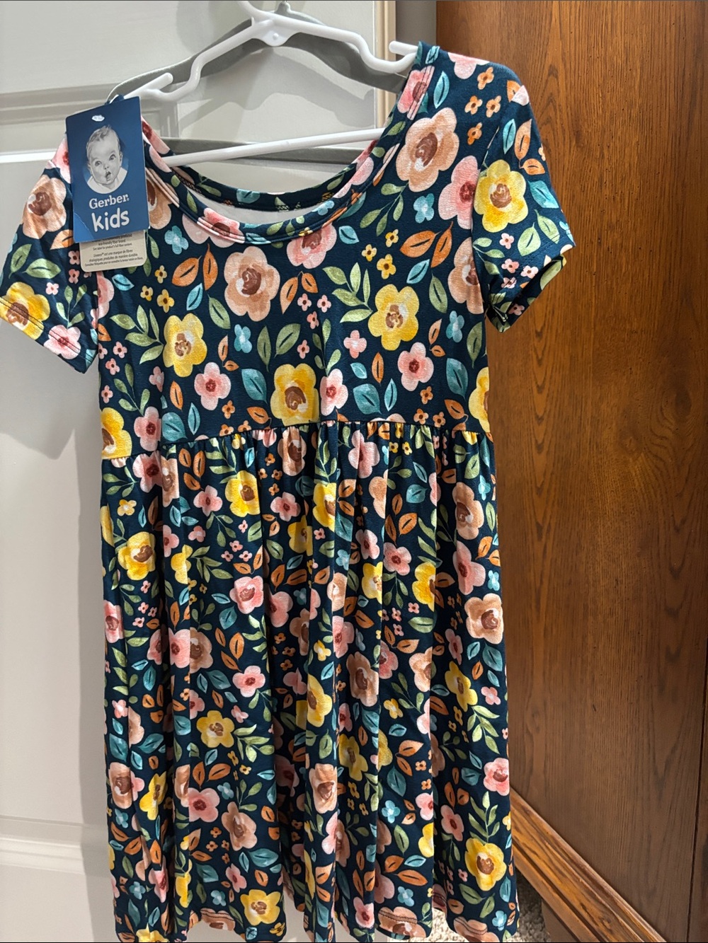 Gerber Navy Floral Short Sleeve Play Dress with Yellow, Pink and Peach Blooms